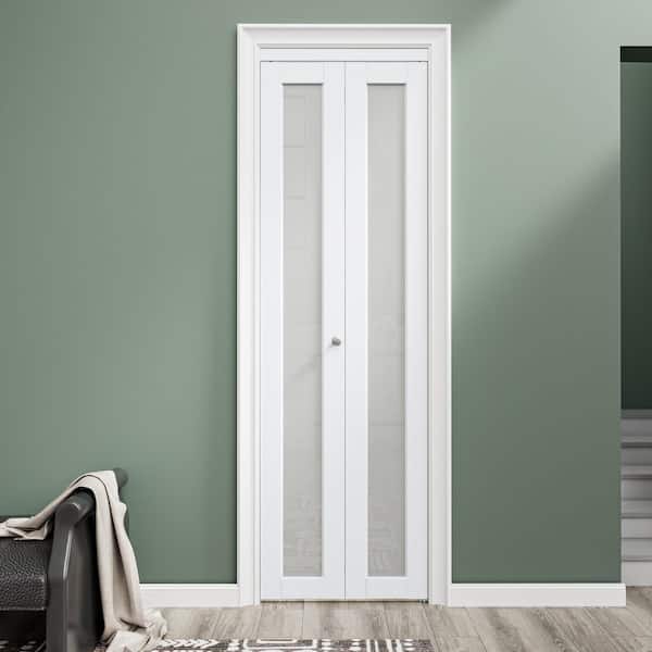 28 in. x 80 in. 1-Lite Frosted Glass Solid Core MDF White Finished Closet Bi-Fold Door with Hardware