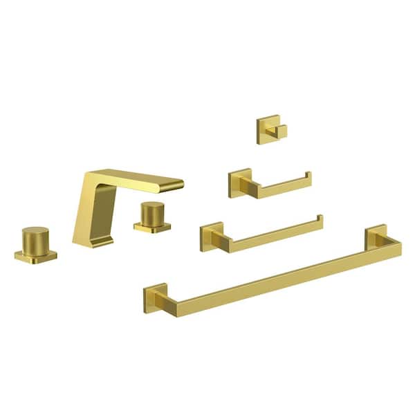 GRANDJOY Waterfall 8 in. Widespread Double Handle Bathroom Sink Faucet and Towel Rack Set in Brushed Gold Drain Not Included
