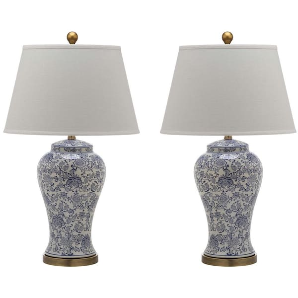 Spring Blossom 29 in. Navy/White Multi Floral Ceramic Urn Table Lamp with Off-White Shade (Set of 2)
