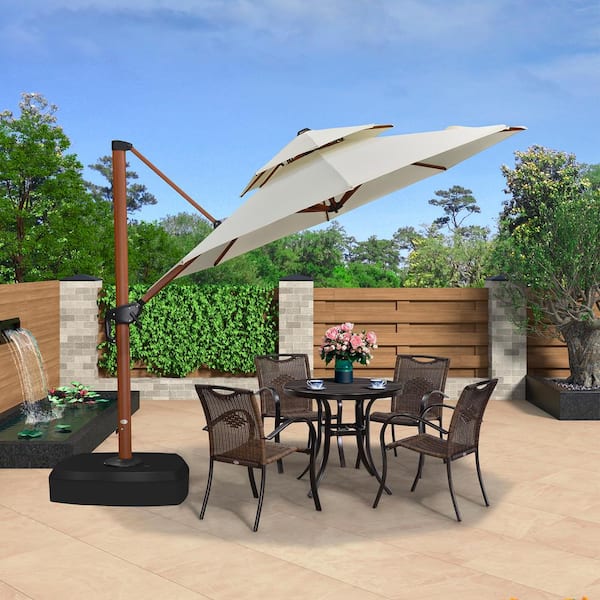 PURPLE LEAF 10 ft. Octagon High-Quality Wood Pattern Aluminum Cantilever Polyester Patio Umbrella with Wheels Base, Cream