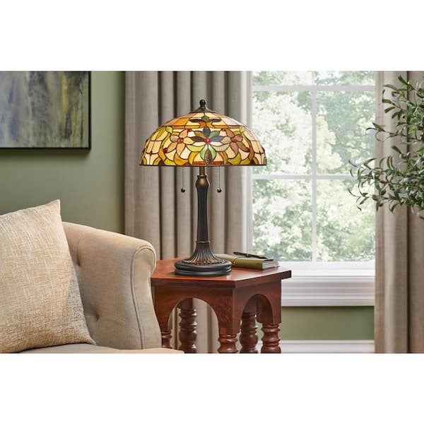 Scoresby 22.25 in. 2-Light Matte Black Table Lamp with Tiffany Glass Shade