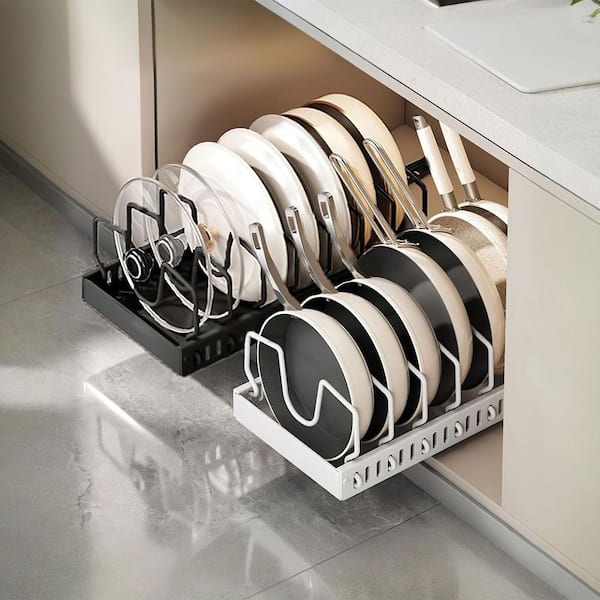 Adjustable Carbon Steel Pull Out Cookware Storage Rack for Pans Lids Baking Sheets