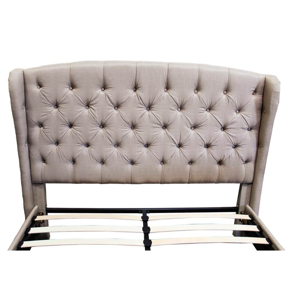 King Beige Linen Upholstered Tufted Wood Platform Bed