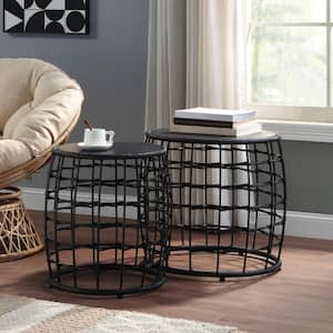 Cambria 25 in. Black Wood Round Drum Nesting End Tables 2-Piece