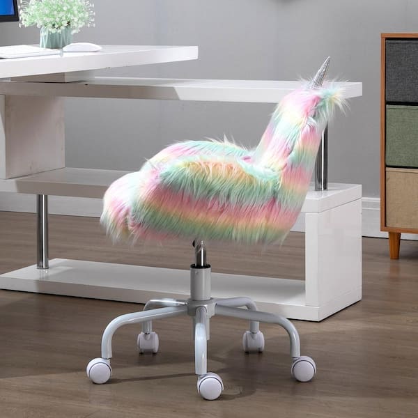 HOMCOM Rainbow color Faux Fur Unicorn Office Chair with Mid