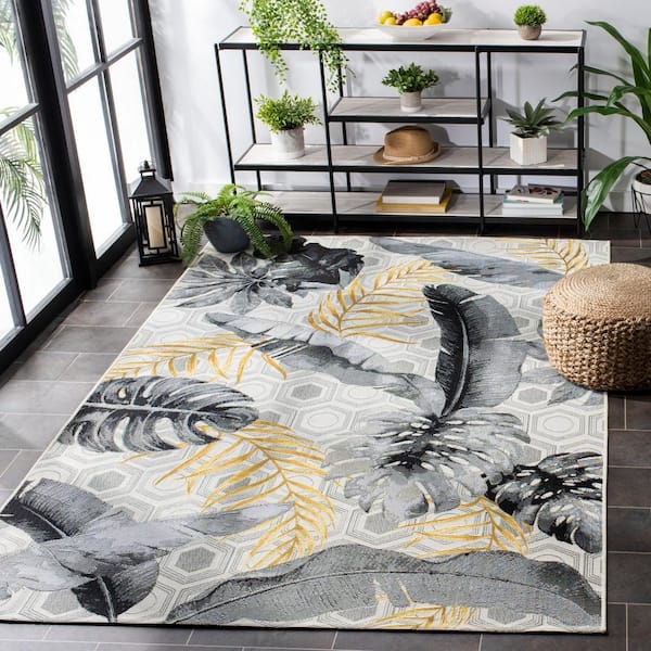 Barbados Gray/Gold 5 ft. x 5 ft. Square Floral Geometric Indoor/Outdoor Area Rug