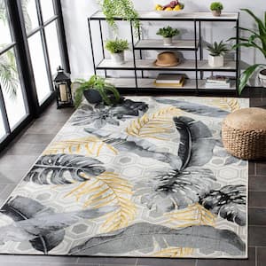 Barbados Gray/Gold 8 ft. x 10 ft. Floral Geometric Indoor/Outdoor Patio  Area Rug