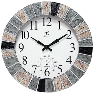 13 in. Faux Slate Indoor-Outdoor Wall Clock with Built-In Thermometer