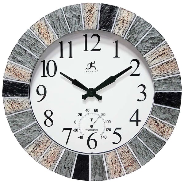 Infinity Instruments 13 in. Faux Slate Indoor-Outdoor Wall Clock with Built-In Thermometer