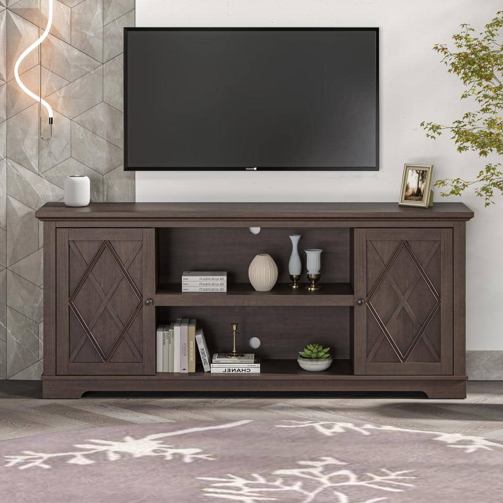 Brown Farmhouse Style TV Stand with Cabinets for 75" TVs