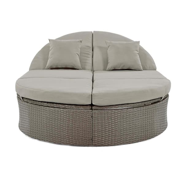 Zeus & Ruta Gray Wicker Outdoor 2-Person Daybed with Gray Cushions and Pillows,Adjustable Backrests,Foldable Cup Trays for Poolside