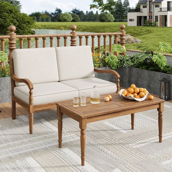 CHRISTOPHER KNIGHT HOME Gavin Outdoor 2 Piece Solid Wood Loveseat and Table Set Patio Conversation Set with Beige Cushions, Natural Finish