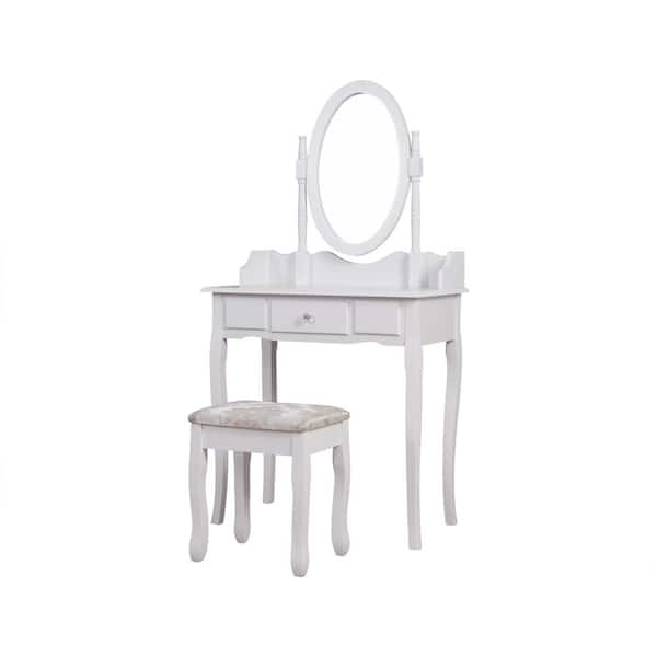 Tidoin 2-Piece White Wood Makeup Vanity Set with 1-Drawer and Stool