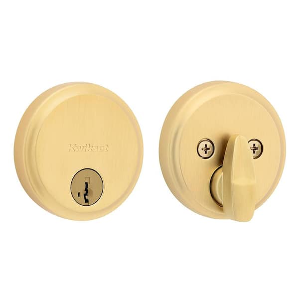 Hometown Satin Brass Round Low Profile Single Cylinder Deadbolt Featuring SmartKey Security