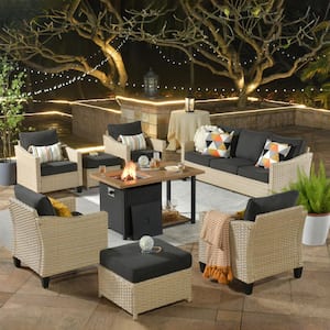 Oconee 8-Piece Wicker Modern Outdoor Patio Conversation Sofa Seating Set with a Storage Fire Pit and Black Cushions