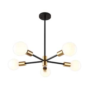 17.8 in. 5-Light Mid Century Sputnik Linear Gold Chandelier with 4 Extension Rods and Sloped Ceiling Adapter