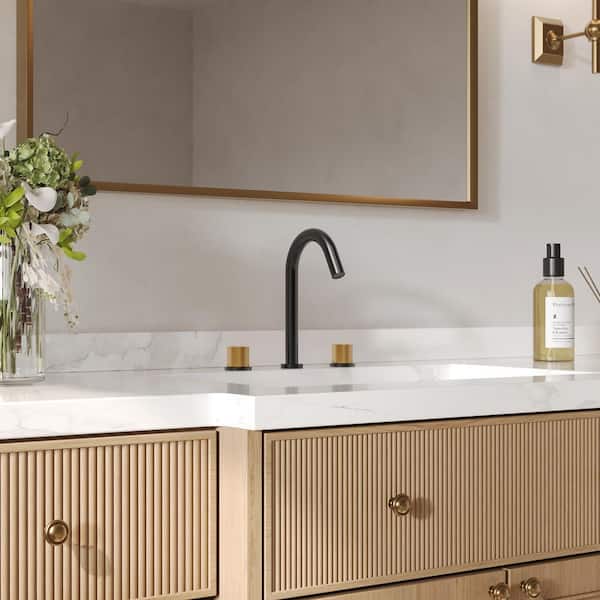 SerenityStream High Arc 8 in. Widespread Double Handle Bathroom Faucet in Matte Black and Brushed Gold Drain Included