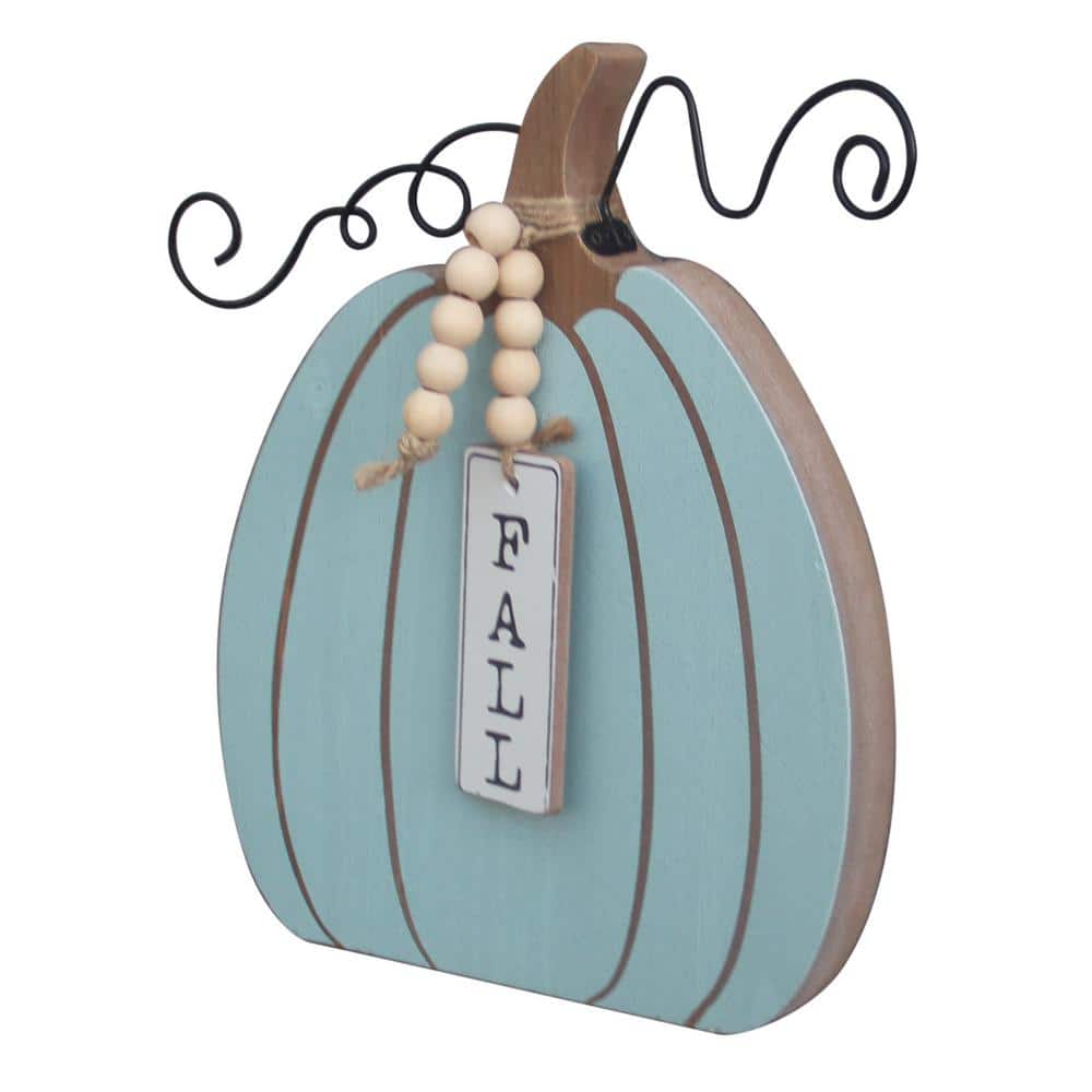 Blue Wood Pumpkin Figurine with Bead Accent for Fall Decor