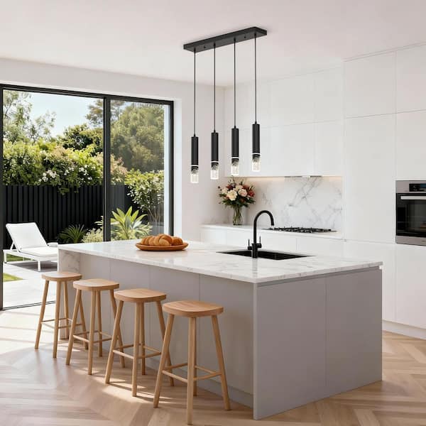 4-Light Black Modern Integrated LED Mini Pendant Light, Metal and Glass Ceiling Lighting for Kitchen Island and Bedroom