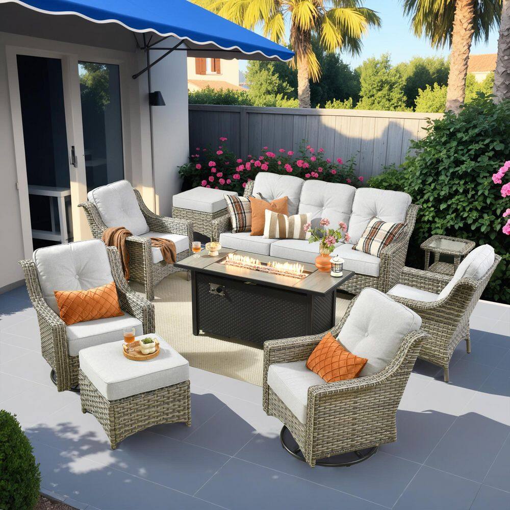 Cherry 9-Piece Wicker Outdoor Furniture Patio Fire Pit Conversation Sofa Set with Swivel Chairs and Light Grey Cushions