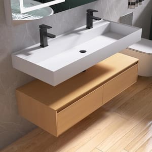 47 in. White Solid Surface Wall-Mounted Bathroom Vessel Sink and Shelves with Double Faucet Holes