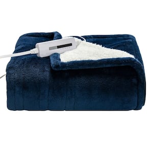 60 in. x 50 in. Heated Throw Electric Blanket Flannel and Sherpa Double-Sided Flush Blue