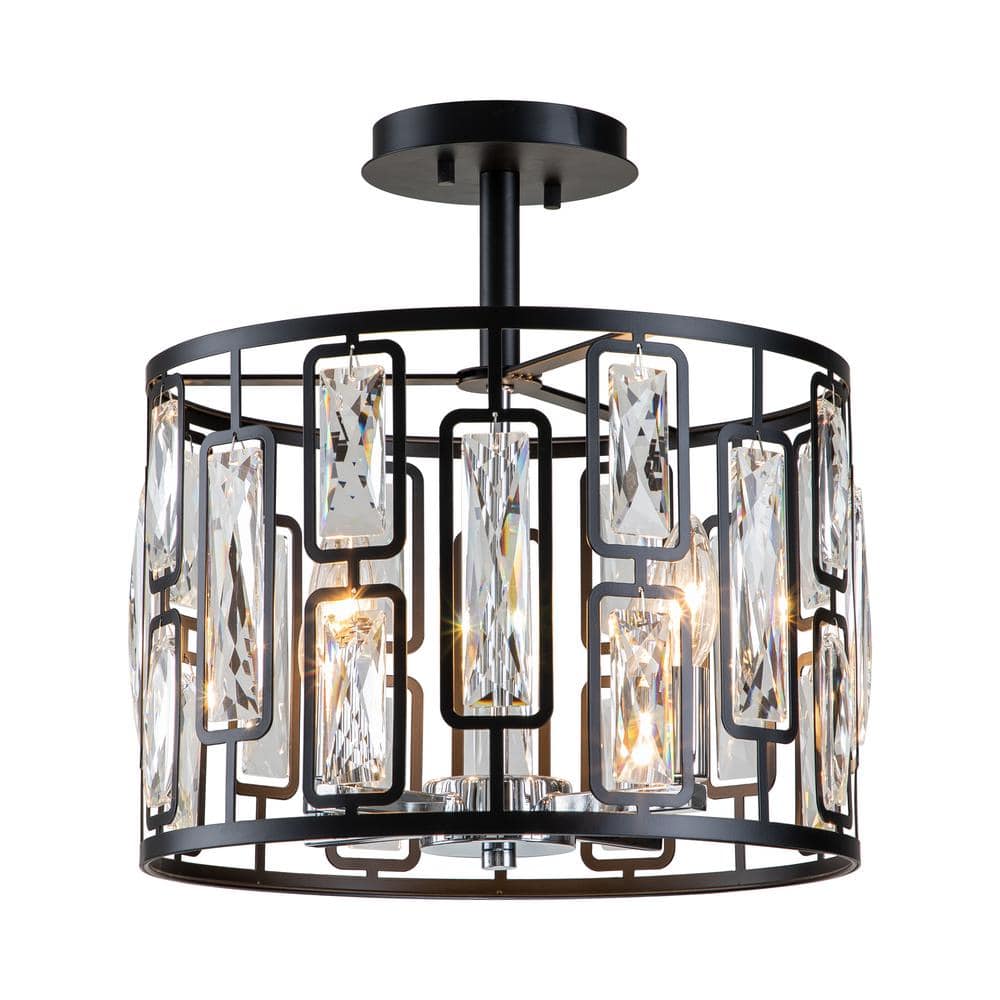 4-Light 13.5 in. Semi Flush Mount with Clear Crystals -Black