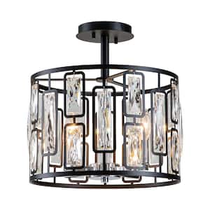 13.5 in. 4-Light Black Semi Flush Mount with Clear Crystals