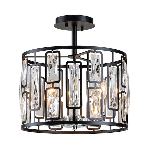 C Cattleya 13.5 in. 4-Light Black Semi Flush Mount with Clear Crystals