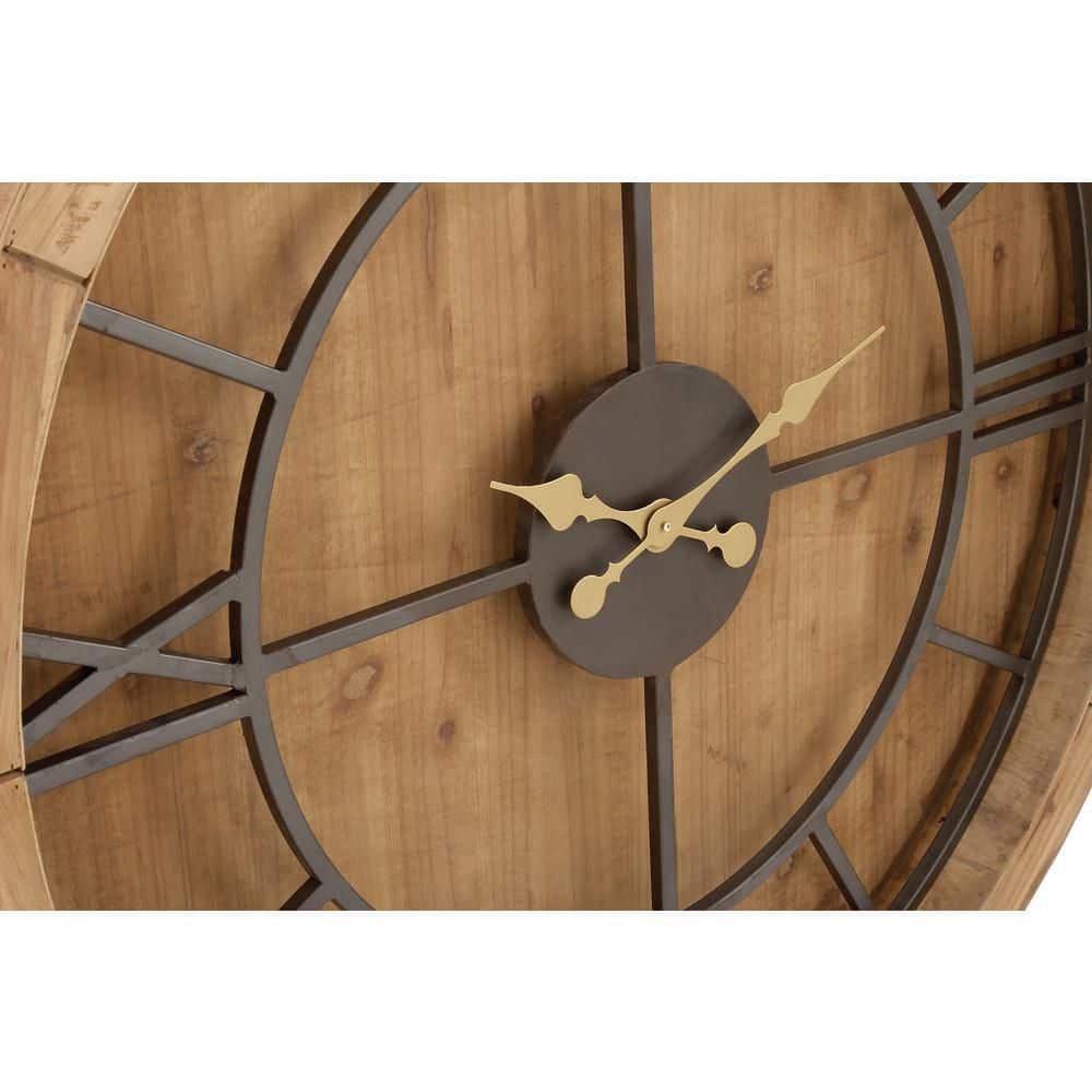 Oversized Brown Mediterranean Wood Wall Clock with Gold Hands