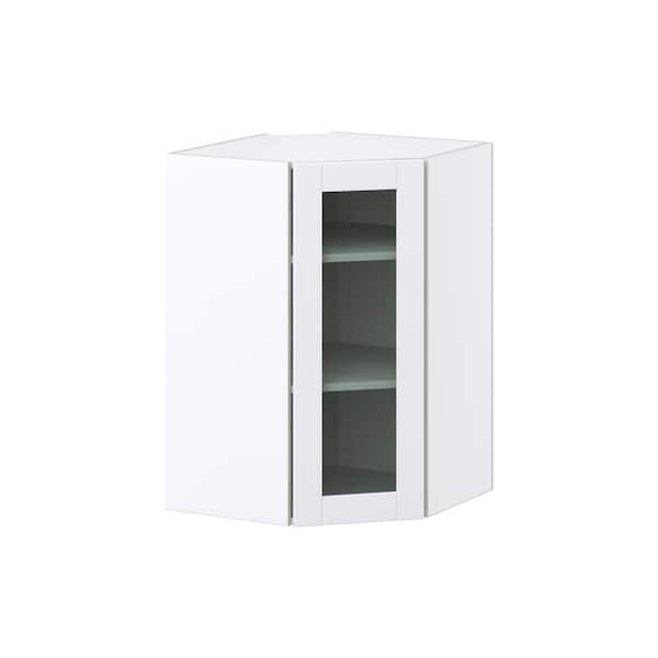 J COLLECTION 24 in. W x 14 in. D x 35 in. H Assembled Glass Door Diagonal Corner Kitchen Cabinet in Bright White
