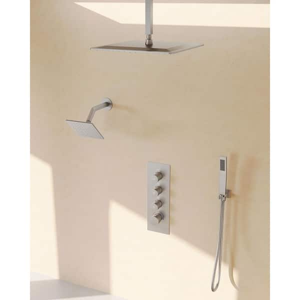 16 and 6 in. Thermostatic 7-Spray Ceiling Mount Dual Fixed and Handheld Shower Head 1.8 GPM in Brushed Nickel with Valve