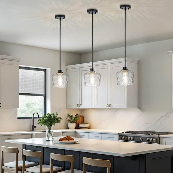 RayHome 1-Light Modern Black Adjustable Height Pendant Light with Hand-Blow Hammered Glass for Kitchen Island Bedroom