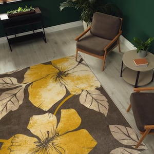 Yellow/Brown 6 ft. x 9 ft. Non Skid Floral Area Rug
