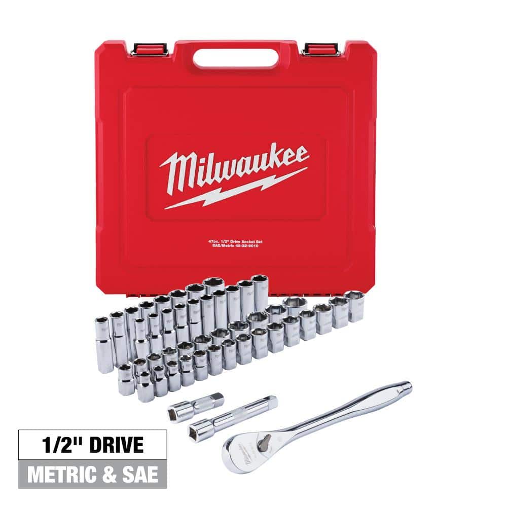 Milwaukee 1/2 in. Drive SAE/Metric Ratchet and Socket Mechanics Tool Set  (47-Piece) 48-22-9010 - The Home Depot