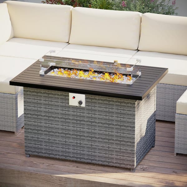 Gardenbee 43 in. 50000 BTU Wicker Outdoor Propane Gas Fire Pit Table with Glass Wind Guard