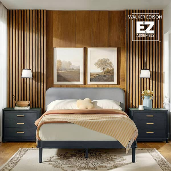 Contemporary Black and Grey Solid Wood Frame Queen Platform Bed with Elegant Curved Upholstered Headboard