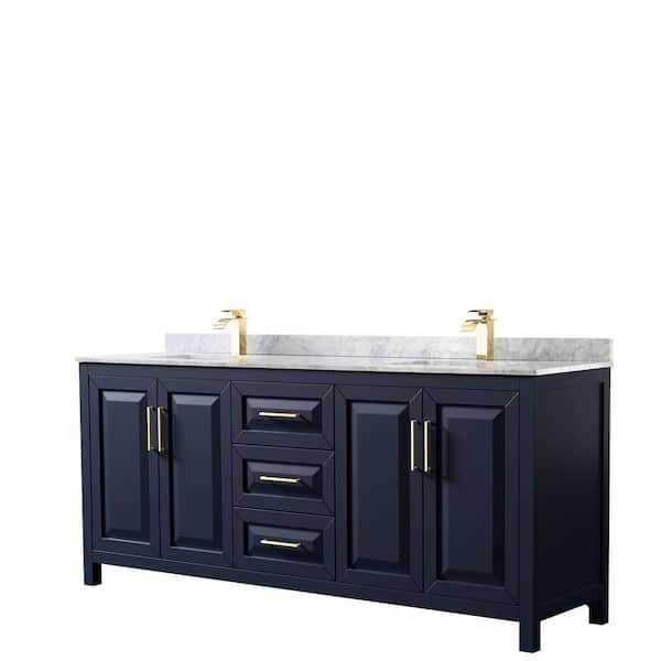 Wyndham Collection Daria 80 in. Double Bathroom Vanity in Dark Blue with Marble Vanity Top in White Carrara with White Basins