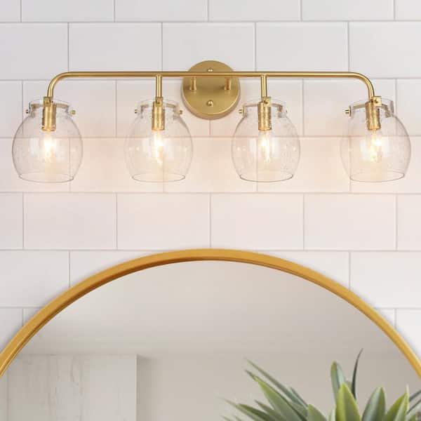 29 in. Seeded Glass Wall Sconce Lighting, 4-Light Modern Gold Bathroom Vanity Light, Globe Farmhouse Bath Lighting