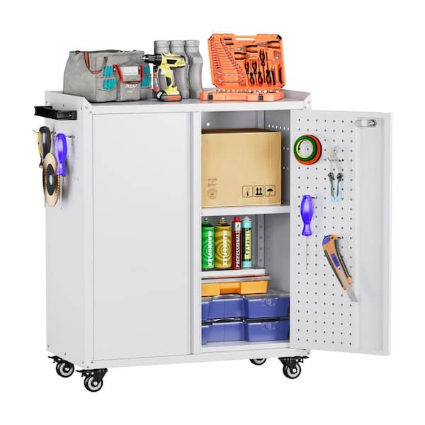 35.5 in. H x 30 in. W x 18 in. D White Metal Storage Freestanding Cabinet with Shelf, Hooks, Mobile Tool Chests Cabinet