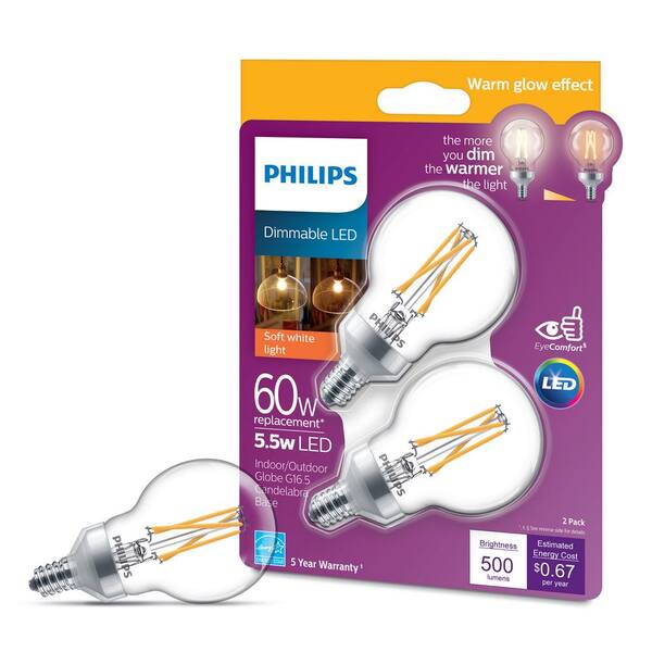 Philips 60-Watt Equivalent G16.5 Dimmable Candelabra Base LED Light Bulb with Warm Glow Dimming Effect Soft White (2-Pack) Philips 60-Watt Equivalent G16.5 Dimmable Candelabra Base LED Light Bulb with Warm Glow Dimming Effect Soft White (2-Pack)