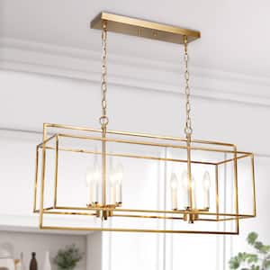 Modern 31.9 in. 8-Light Plating Brass and Flat White Candlestick Chandelier with Open Cage Shade Kitchen Island Pendant
