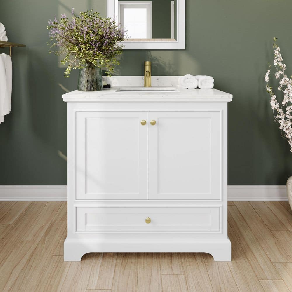 "Deborah 36 in. W x 22 in. D x 35 in. H Single Sink Bath Vanity in White with Carrara Cultured Marble Top and 24"" Mirror" price history on PriceWatchPro
