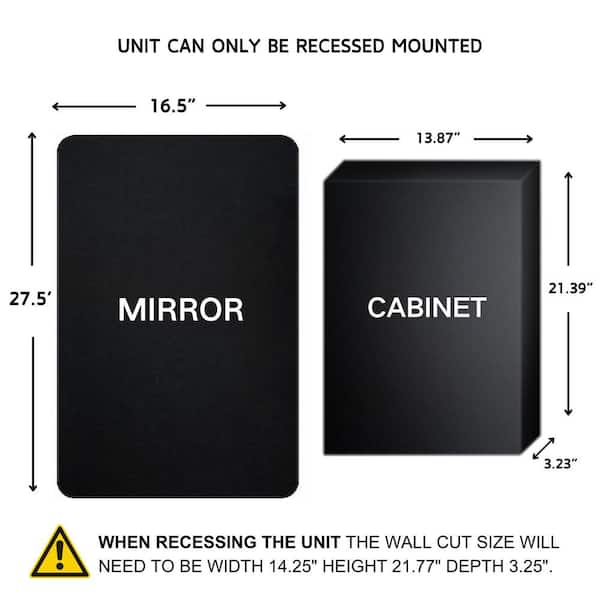 TEHOME WH 16.5 in. W x 27.5 in. H Rectangular Stainless Steel Recessed Framed Medicine Cabinet with Mirror in Matt Black