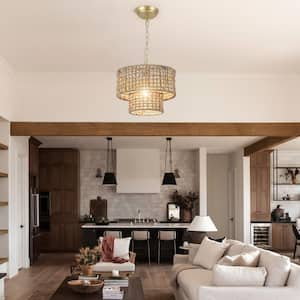 1-Light Drum Gold Hanging Ceiling Pendant Light Linear Chandelier with Rattan Shaded for Kitchen Island