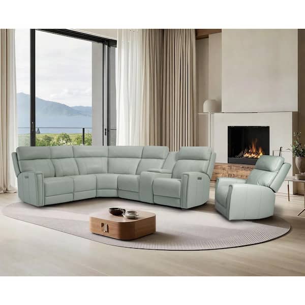 Nora 104 in. 6 Seaters Genuine Leather Dual Power Sectional Sofa Set with Console, 1 Power Armless Chair in Sea Foam