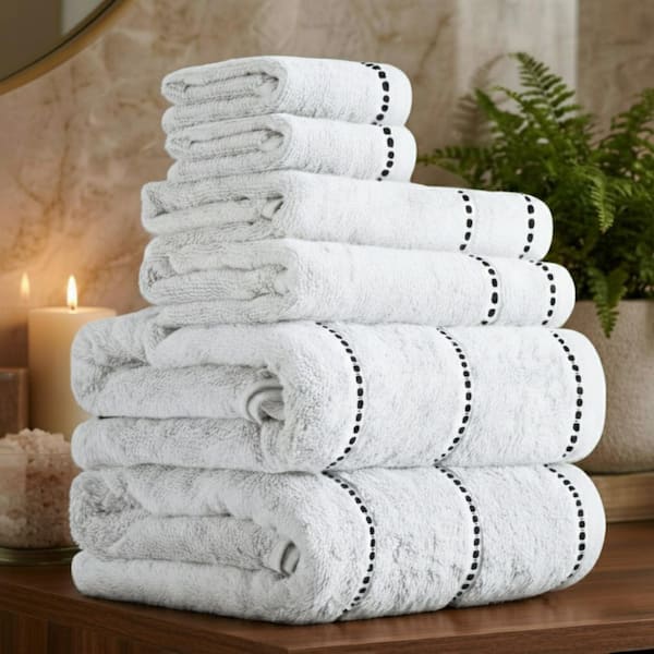 6-Piece White/Black Luxury Quick Dry 100% Cotton Bath Towel Set