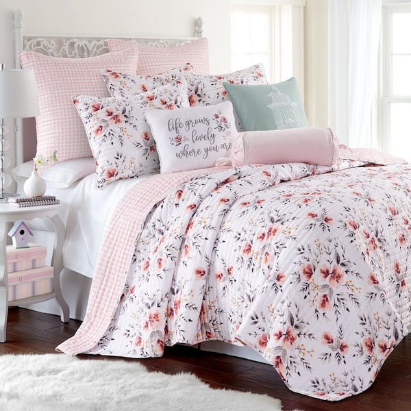 Kids Comforter Navy Blue Blush Pink Coral Flowers Bedding Set