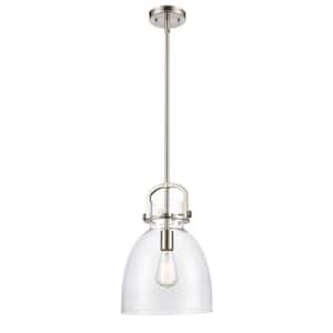 Newton Bell 1-Light Brushed Satin Nickel Clear Shaded Pendant Light with Clear Glass Shade