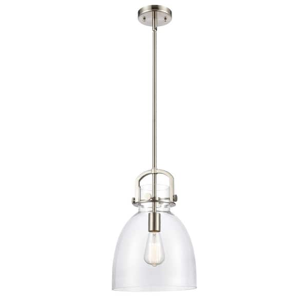 Newton Bell 1-Light Brushed Satin Nickel Clear Shaded Pendant Light with Clear Glass Shade